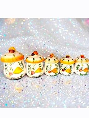 Set of 5 whimsical mushroom butterfly ceramic canisters
